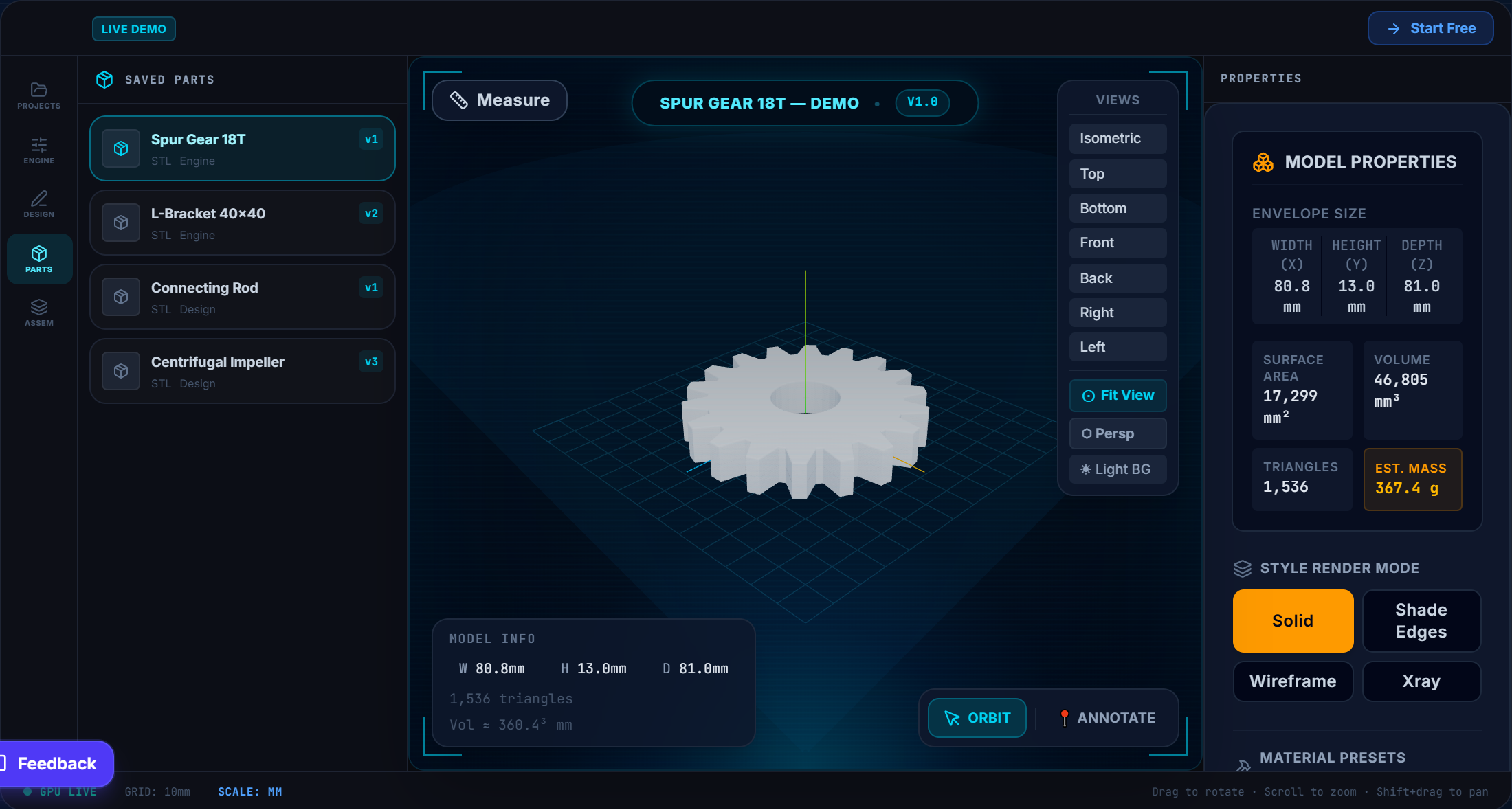 InnovaBeam Parts tab showing a saved parts library and 3D preview